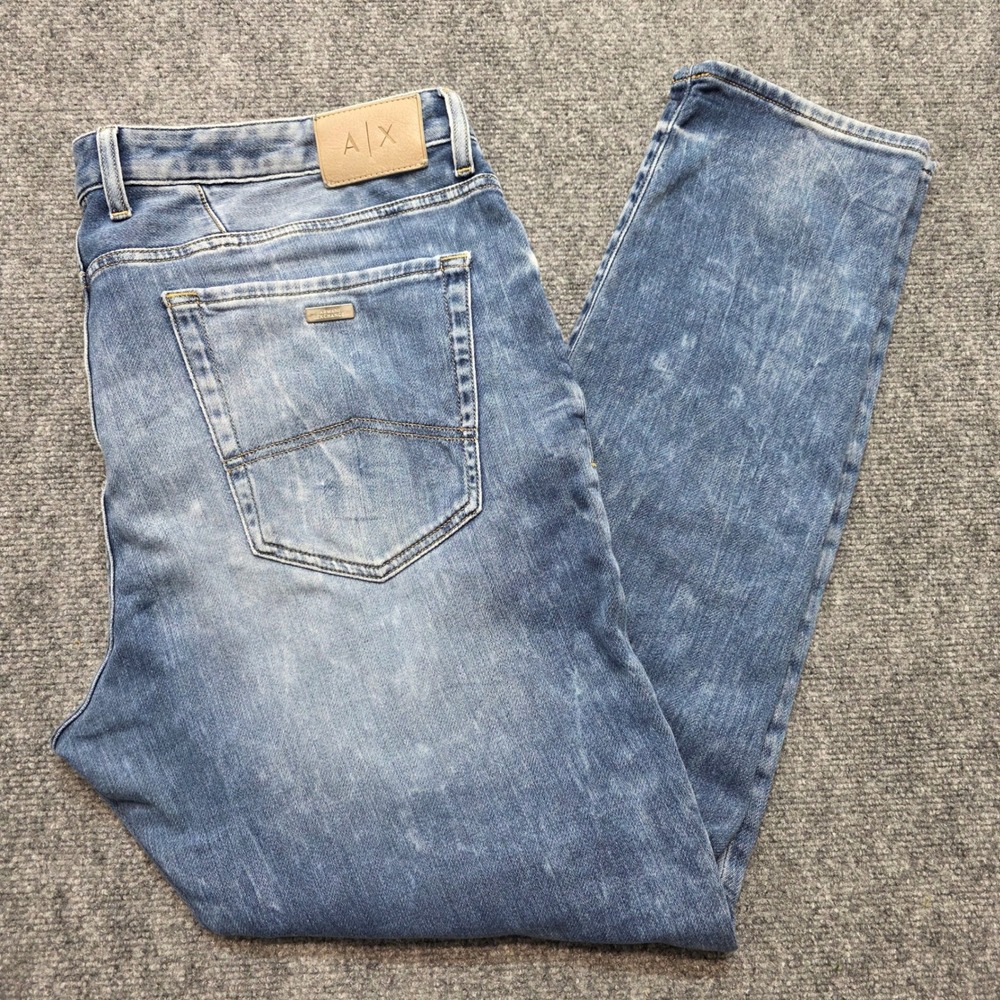 Armani Exchange J22 Tapered Jeans Men's 38 Blue Acid Wash Denim Pants Faded